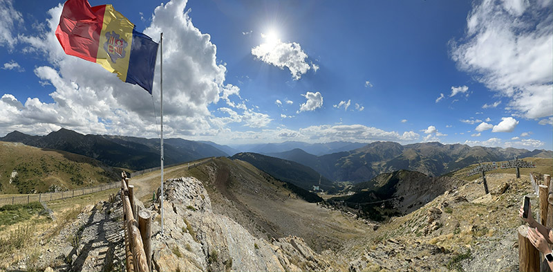 Summer holidays in Andorra, viewpoint with Andorra flag
